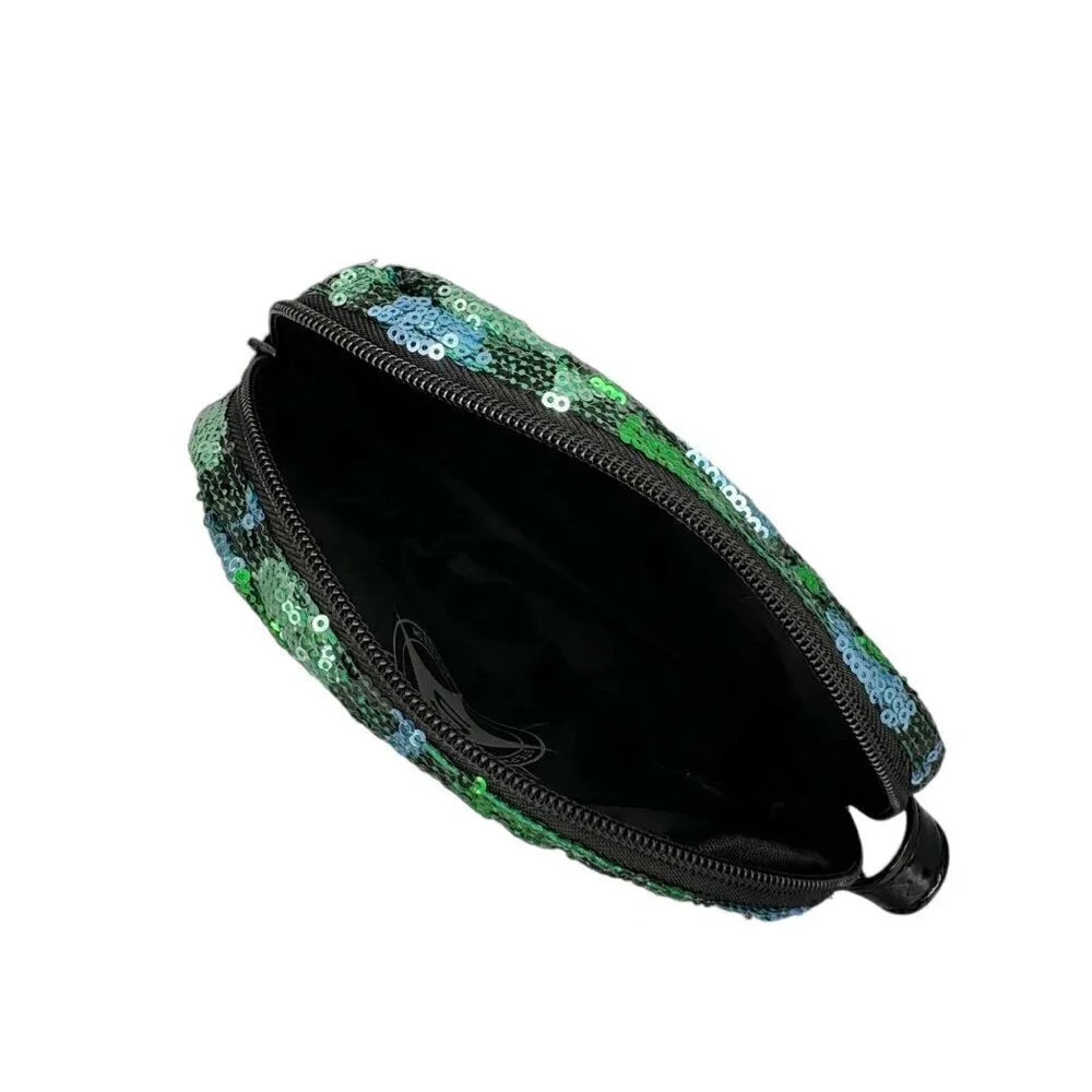 New Stephanie Johnson Makeup Cosmetic Bag Blue Green Sequin Zip Medium Size